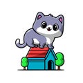 Cute Cat Sitting On House Cartoon Vector Icon Illustration Royalty Free Stock Photo
