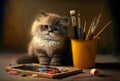 A cute cat sitting next to a cup with paintbrushes and a picture with paints on it. Created with Generative AI