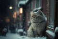 Cute cat sitting in the snow in front of a window, ai midjourney illustration Royalty Free Stock Photo