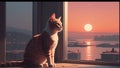 Cute cat sitting on the windowsill and looking at the sunset