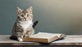 Cute cat sitting on a wooden table and a book. AI Generated Royalty Free Stock Photo