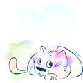 Cute Cat Sketch On Abstract Watercolor Background - Vector Illustration