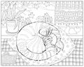 Cute cat sleeping on a pillow in warm room near window. Coloring book for children and adults. Illustration in zen-tangle style. Royalty Free Stock Photo