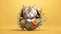 Cute cat is sleeping in a pocket with colorful flowers. AI Generated