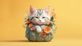 Cute cat is sleeping in a pocket with flowers. AI Generated