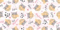 Cute cat sleeping seamless pattern print. Vector nursery cartoon sleep gray animals, cute baby pattern background. Royalty Free Stock Photo