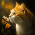 Cute cat sniffs flowers digital painting