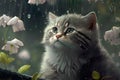 spring raining, cute cat generated ai