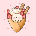 Cute cat with strawberry crape cartoon hand drawn style