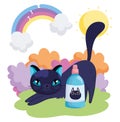 Cute cat stretching cartoon with vet bottle rainbow scene pets