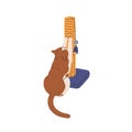 Cute cat stretching paws on scratching post, jute pole, sisal tower. Funny adorable home kitty, feline animal sharpening