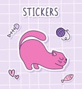 The cute cat is stretching. Sticker of a pink cat with toys on a checkered background. Label Sticker.