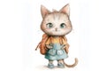 Cute cat student cartoon in watercolor painting style with book and school bag. Royalty Free Stock Photo