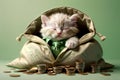 cute cat in a suit with a bag of coins Royalty Free Stock Photo