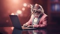 Cute cat in suit and bow tie sitting at table with laptop