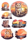 Cute cat at sunset set of stickers