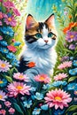 Cute cat surrounded by beautiful flowers, garden, floating acrylic art, bold painting, animal Royalty Free Stock Photo