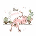 Cute cat sweet funny sleeping on a shelf with cacti. Good morning. Vector