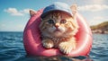 Cute cat a swimming circle vacation creative beach resort