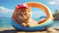 Cute cat a swimming circle vacation creative beach leisure