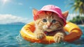 Cute cat a swimming circle vacation creative beach leisure sunny day banner