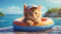 Cute cat a swimming circle vacation creative beach leisure sunny day