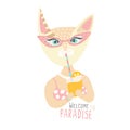 Cute cat in swimsuit with cocktail. Welcome in paradise. Time relax. Rest. Travel. Hand drawn animal. Summer