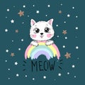 Cute cat with text inscription meow and stars rainbow vector illustration, print design kitten, children print on t