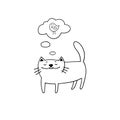 Cute cat thinks about a bird. Back and white hand drawn illustration.