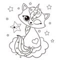 Cute cat unicorn.Black and white linear image.Vector