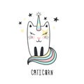 Cute cat unicorn hand drawn.