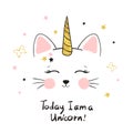 Cute cat unicorn for kids design - t-shirt print, poster Royalty Free Stock Photo