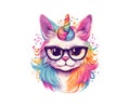 Cute Cat in a unicorn mask rainbow glasses mane horn. Vector illustration design