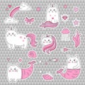 Cute cat unicorn, mermaid. Set of decorative elements, trendy patches, stickers.