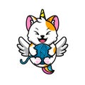 cute cat unicorn playing yarn ball cartoon icon illustration