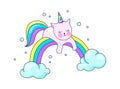 Cute cat unicorn. Pretty pet recreation on cloud. Kitten with horn lies on rainbow. Fairy tale template for textile Royalty Free Stock Photo