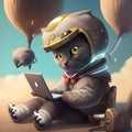 Cute cat is using a laptop and internet in the future wallpaper and background cartoon image