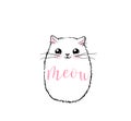 Cute cat vector print design. Meow lettering text. Kitten face vector background. Funny and cool smiling cartoon