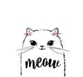 Cute cat vector print design. Meow lettering text. Kitten face vector background. Funny and cool smiling cartoon Royalty Free Stock Photo