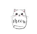 Cute cat vector print design. Meow lettering text. Kitten face vector background. Funny and cool smiling cartoon