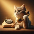 Cute cat and vintage telephone on wooden table. Retro style. Royalty Free Stock Photo