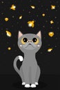 Cute cat watch in fascination on magical fireflies. Lovely kitten look at the night starry sky. Flat vector illustration Royalty Free Stock Photo