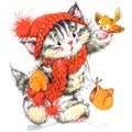 Cute cat. Watercolor funny cat and Christmas background