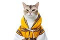 Cute cat wearing Chinese costume looks up at something curiously on white background. Royalty Free Stock Photo