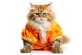 Cute cat wearing Chinese costume looks up at something curiously on white background. Royalty Free Stock Photo