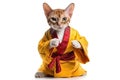 Cute cat wearing Chinese costume looks up at something curiously on white background. Royalty Free Stock Photo