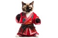 Cute cat wearing Chinese costume looks up at something curiously on white background. Royalty Free Stock Photo