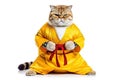 Cute cat wearing Chinese costume looks up at something curiously on white background. Royalty Free Stock Photo