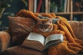 Cute cat wearing glasses, lying on sofa and reading a book Royalty Free Stock Photo