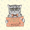 Cute Cat Wearing Glasses With A Sign Free Hugs